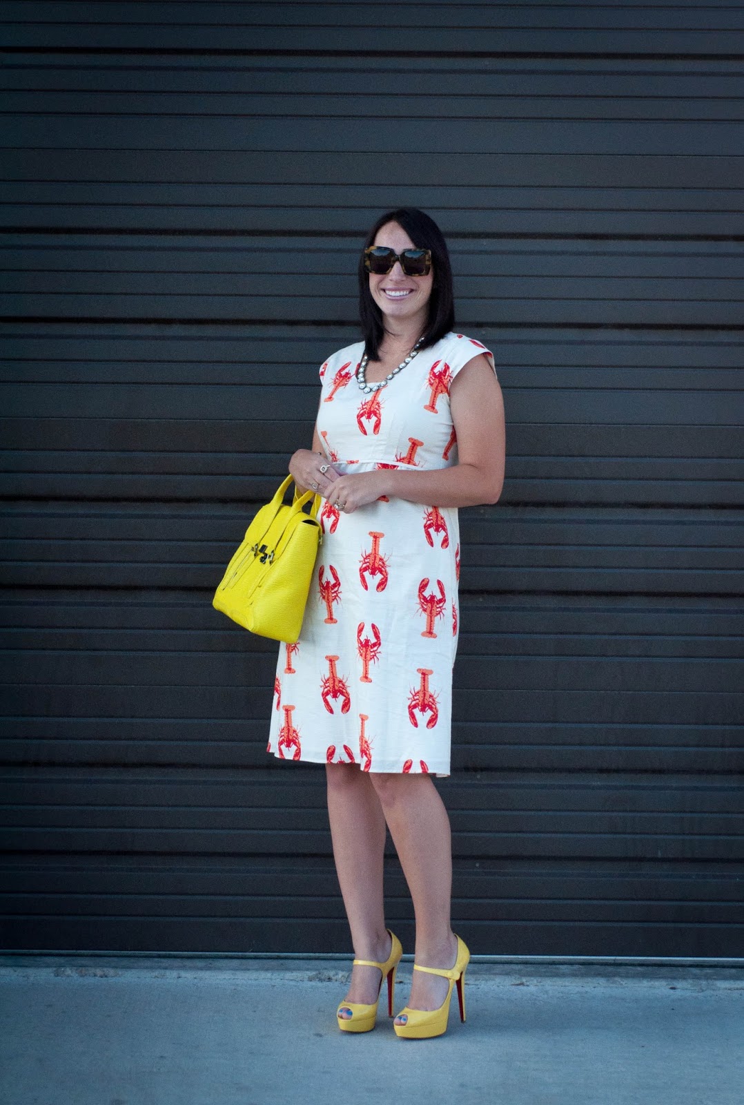 ootd, karen walker sunglasses, karen walker betsy, 3.1 phillip lim pashli satchel, lobster dress, red soles