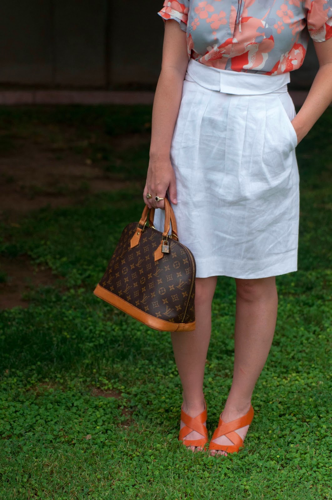 bcbg white skirt, louis vuitton alma classic monogram print, silk blouse, orange strappy shoes, louis vuitton bag, style blog