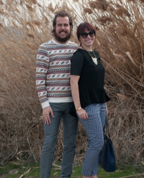 patterned pants and a rhinestone cougar