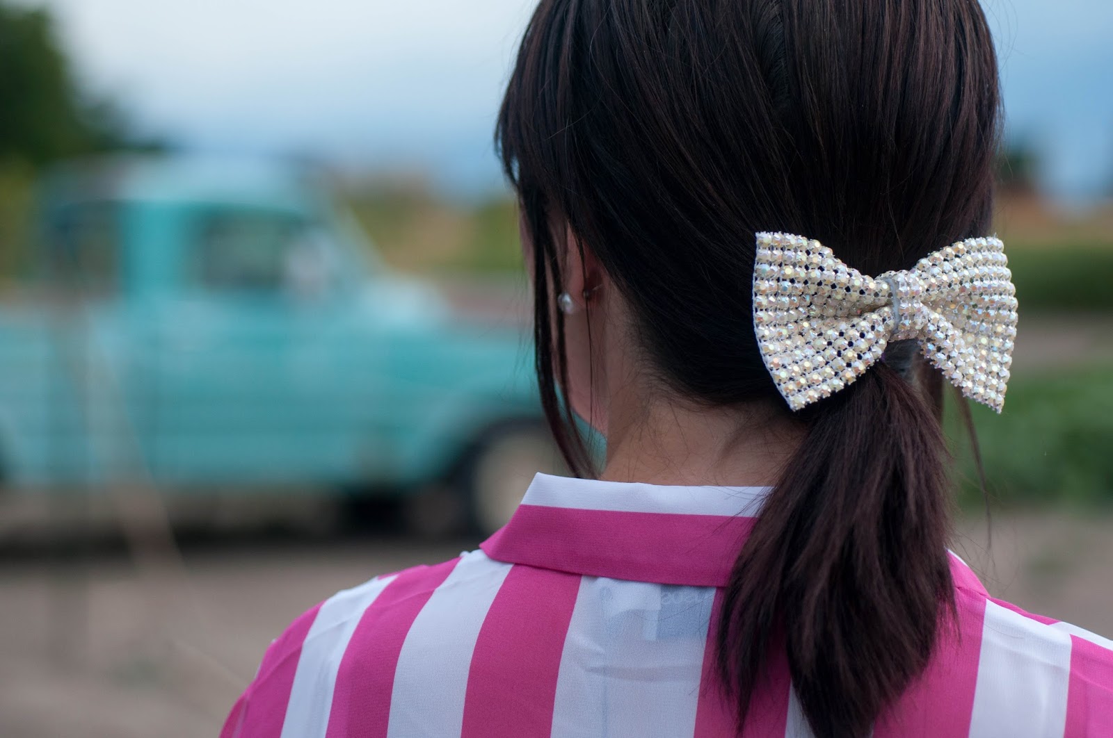 ootd details, rhinestone bow, hair clip, hair bow, vintage truck, candy stripe shirt, asos top