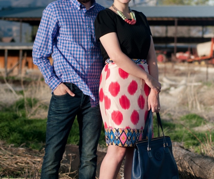 gingham, blue jeans and a watercolor ikat skirt