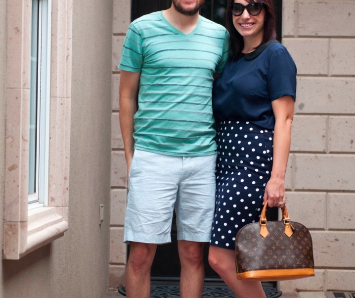 navy polka dots and mint green stripes