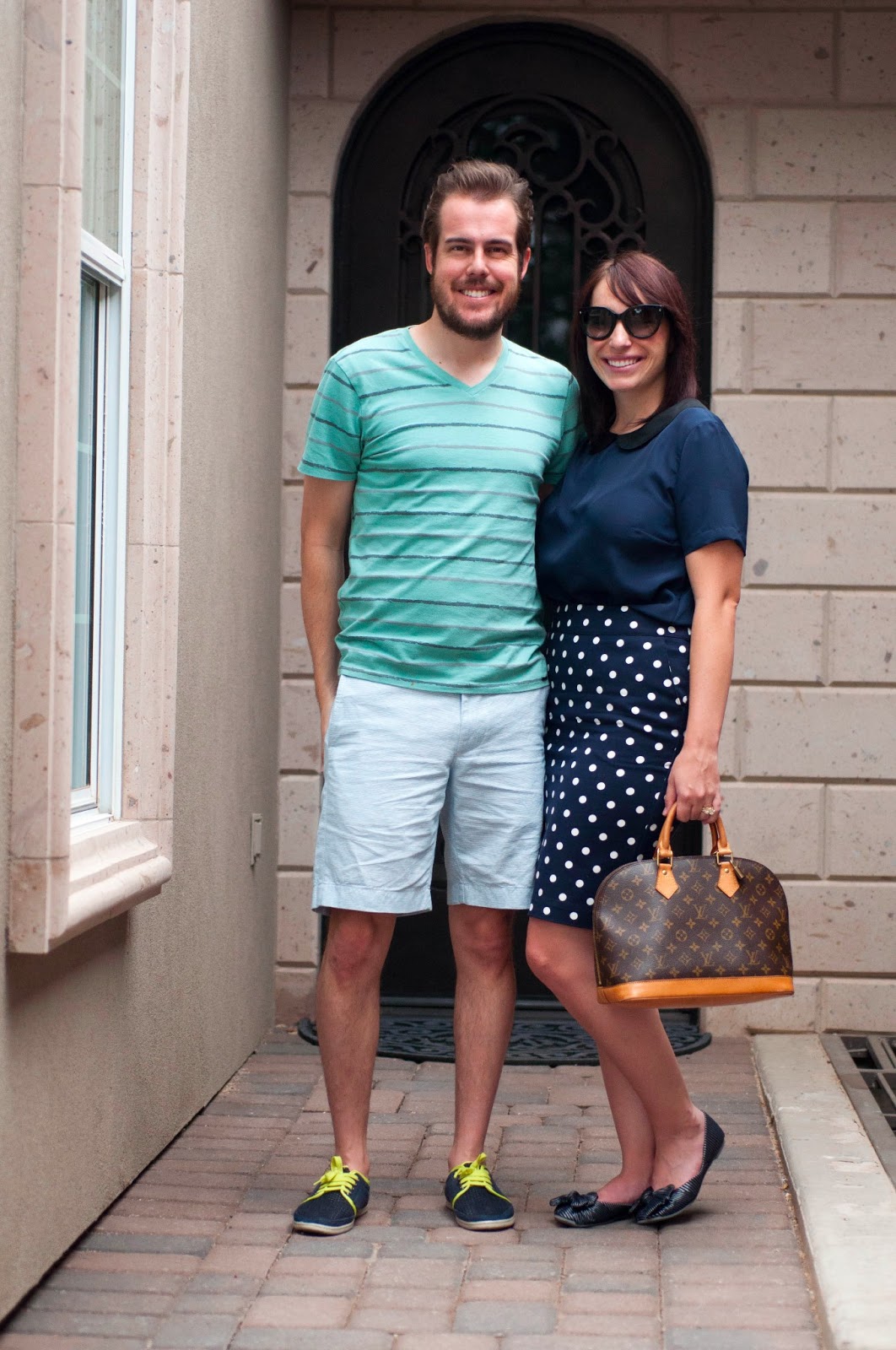 couples fashion, couples fashion blog, couples style, mint, navy and white, bow flats, jcrew 9"stanton shorts, peter pan collar