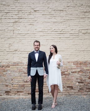 White Drape Dress and a Fun Floral Print Bow-Tie