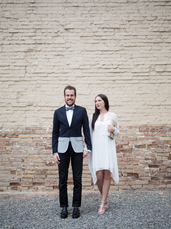 White Drape Dress and a Fun Floral Print Bow-Tie
