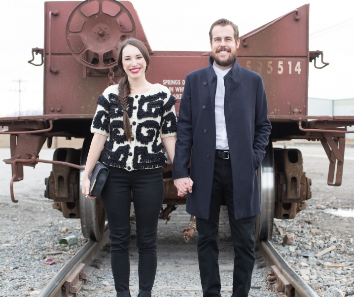 chunky knit sweater and a navy wool coat